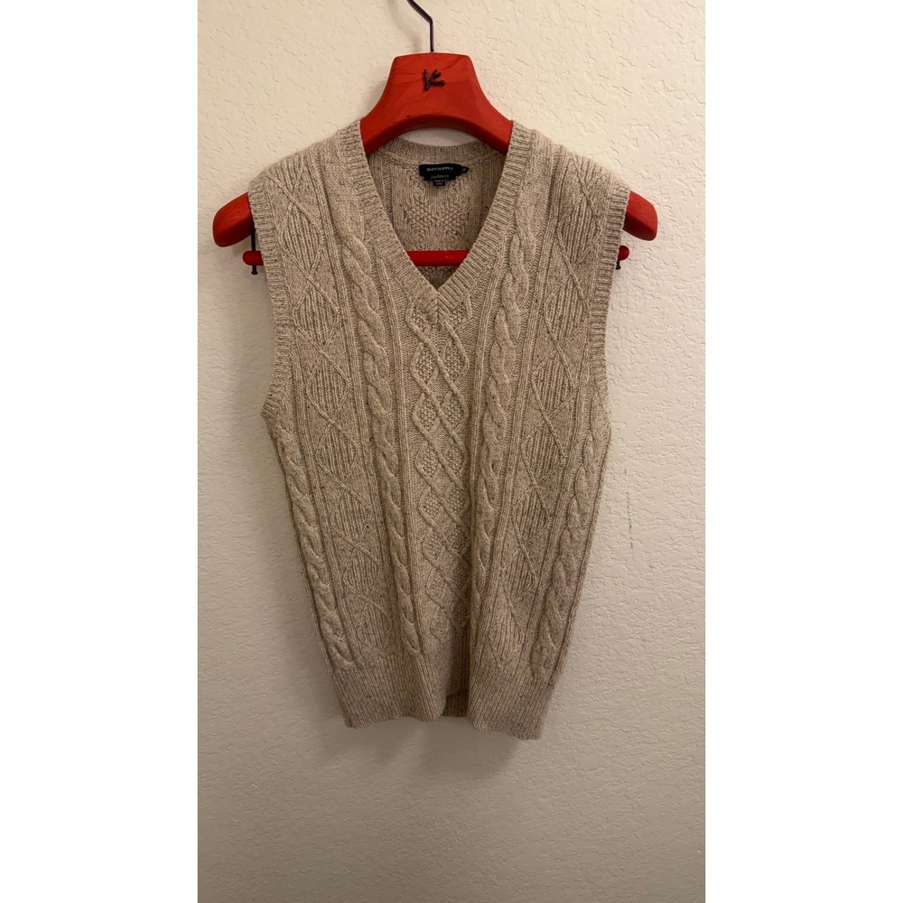 Suitsupply Mens 100% Cashmere Cable Knit V-Neck Sweater Vest Oatmeal Beige XS